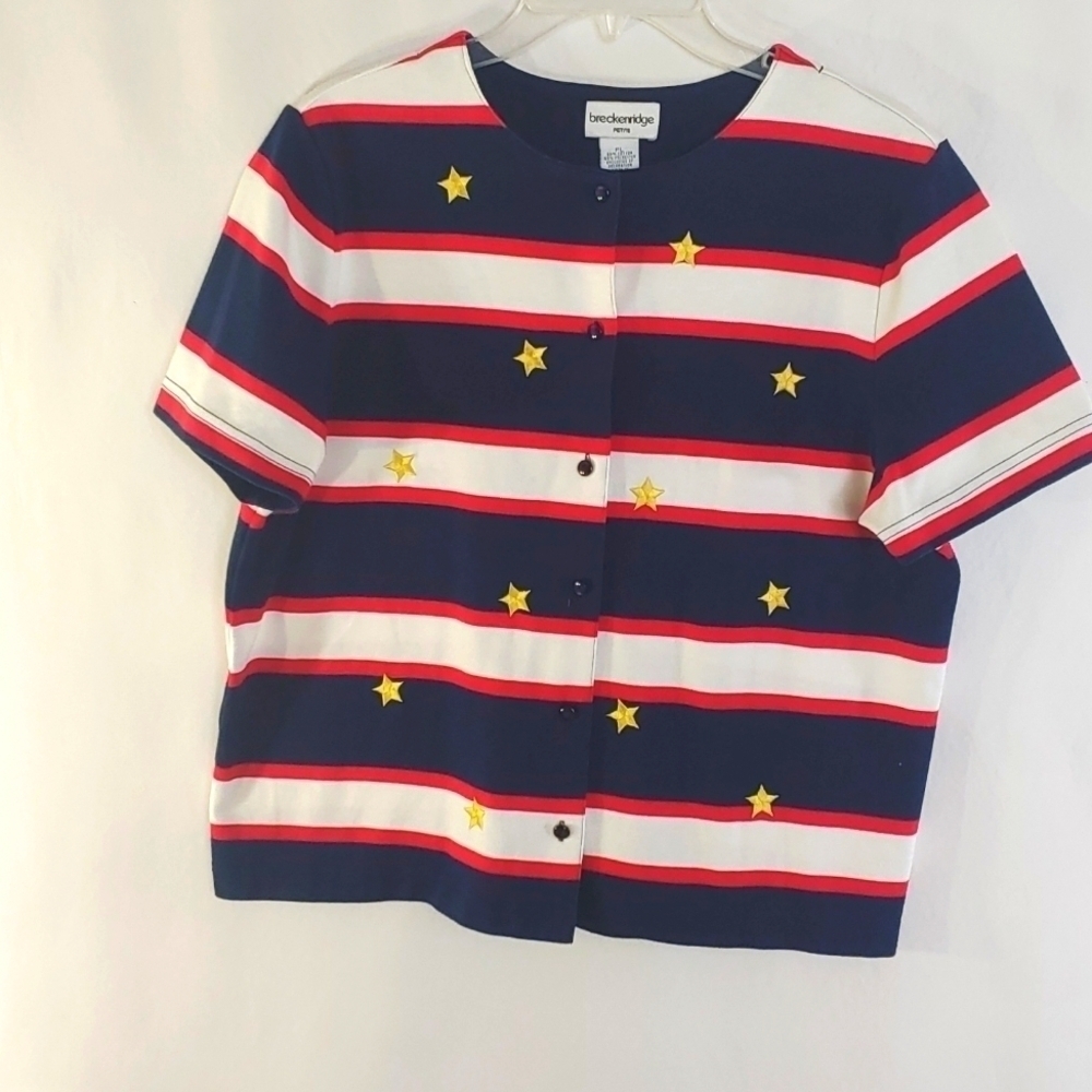 Breckenridge Red White Blue Stars Stripes Patriotic Top - Size LP